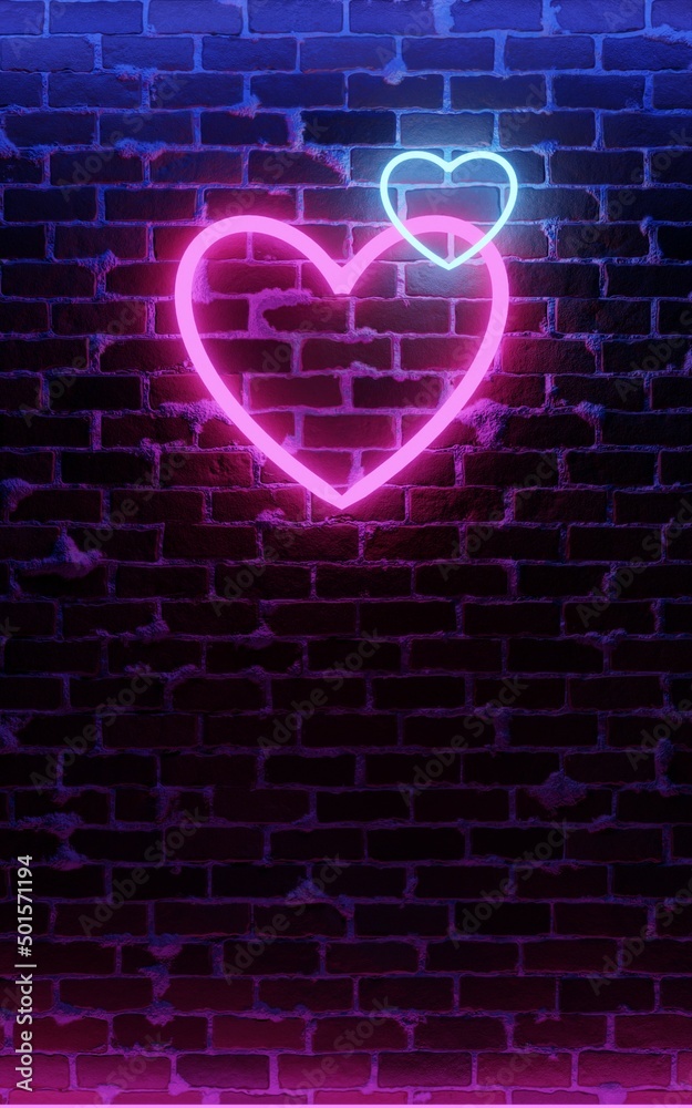 Neon heart. Bright night neon on brick wall