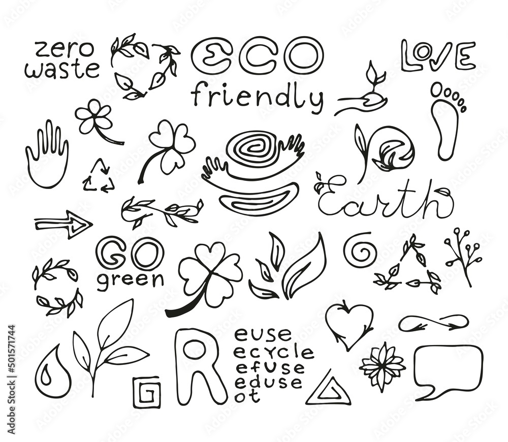 Zero waste lifestyle hand drawn set. vector doodle illustration. Collection of eco and natural elements. Go green concept. Isolated objects