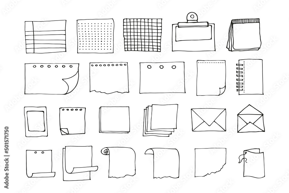 Blank reminder paper notes, planner doodle collection. Vector hand drawn sketch illustration