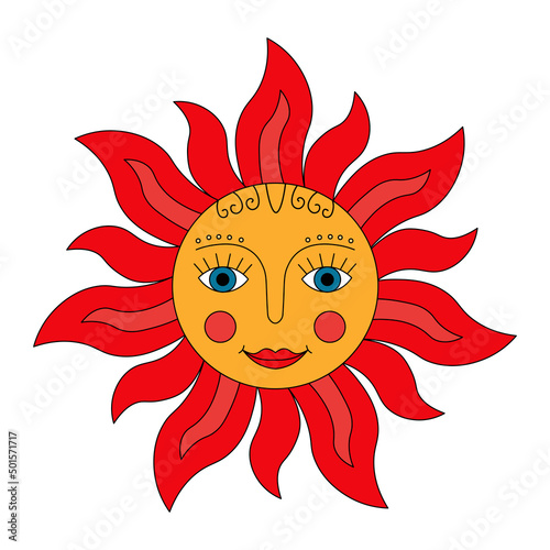 Red sun. Russian symbol holiday spring Shrovetide. Ornamental doodle vector illustration for printing, backgrounds, covers, packaging, greeting cards, posters, stickers and textile