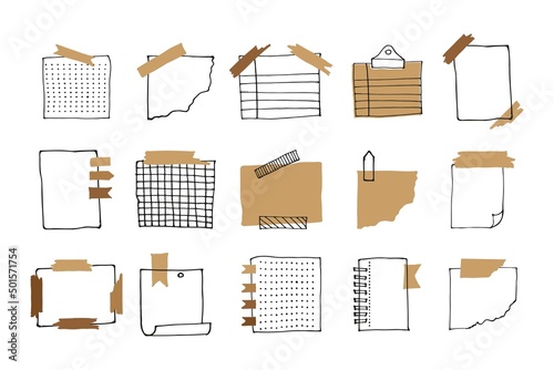 Blank reminder paper notes, planner doodle collection. Vector hand drawn sketch illustration