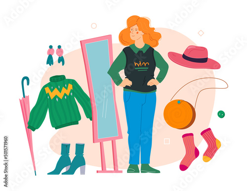 Trying on clothes and accessories - modern colored vector poster © Boyko.Pictures