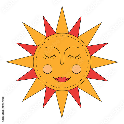 Yellow sun. Russian symbol holiday spring Shrovetide. Ornamental doodle vector illustration for printing, backgrounds, covers, packaging, greeting cards, posters, stickers and textile
