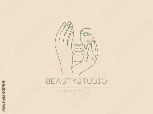 Close-up Beauty Face Of Fashion Girl With Hold Hand Near Mouth Skincare Cosmetic Feminine Line Art Logo 