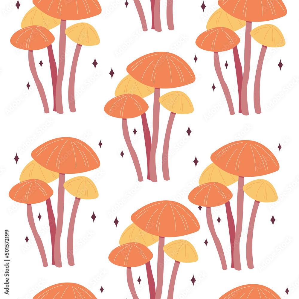 Seamless pattern magic hallucinogenic mushrooms. Fantasy cute elements. Cute cartoon mushrooms on the grass. Modern design print for cloth, wallpaper, decor interior. Hippie style. Vector flat.