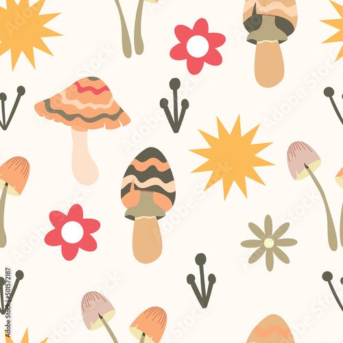 Seamless pattern magic hallucinogenic mushrooms. Fantasy cute elements. Cute cartoon mushrooms on the grass. Modern design print for cloth, wallpaper, decor interior. Hippie style. Vector flat.