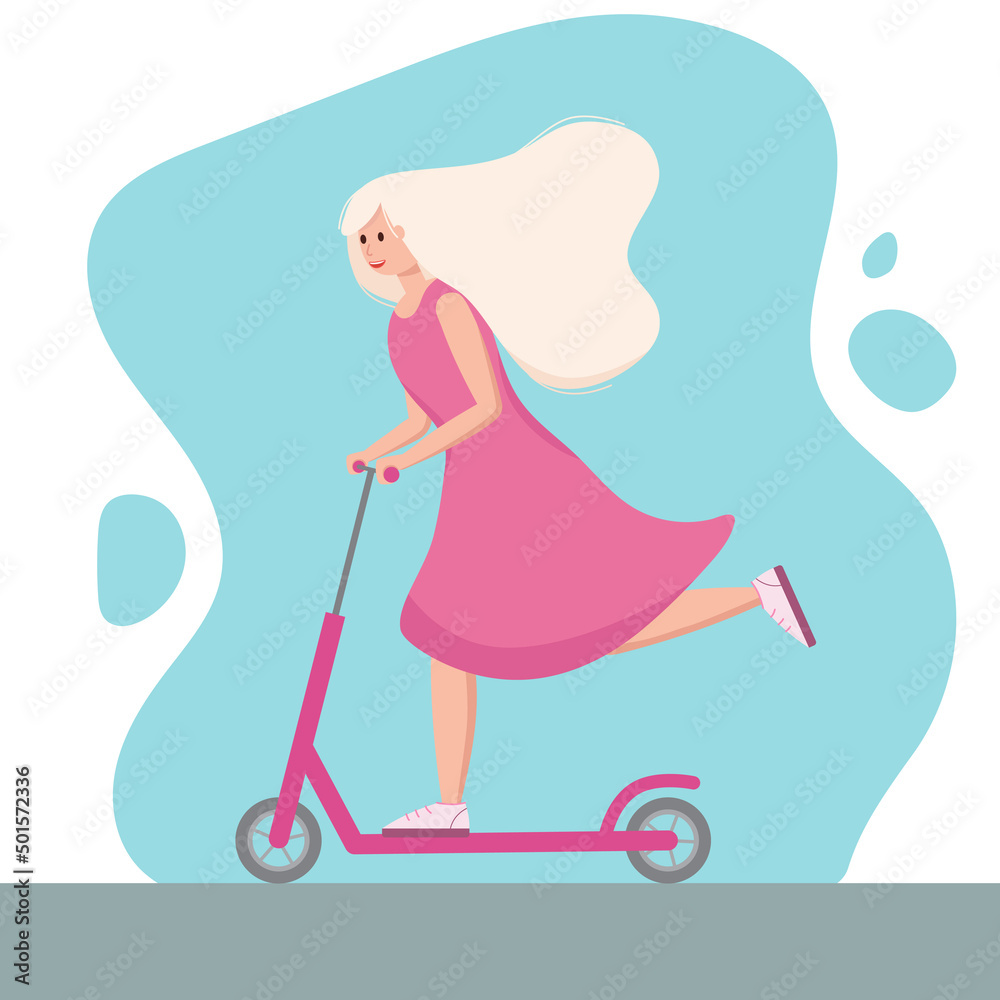 Young woman with beautiful blonde hair riding kick scooter. Nice girl in pink dress. Sports outdoor activity, active vacation. Personal electric and eco urban transport. Healthy lifestyle concept. Young woman with beautiful blonde hair riding kick scooter. Nice girl in pink dress. Sports outdoor activity, active vacation. Personal electric and eco urban transport. Healthy lifestyle concept.