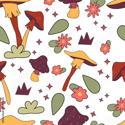 Seamless pattern magic hallucinogenic mushrooms. Fantasy cute elements. Cute cartoon mushrooms on the grass. Modern design print for cloth, wallpaper, decor interior. Hippie style. Vector flat.