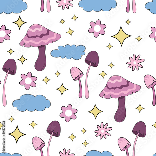 Seamless pattern magic hallucinogenic mushrooms. Fantasy cute elements. Cute cartoon mushrooms on the grass. Modern design print for cloth, wallpaper, decor interior. Hippie style. Vector flat.
