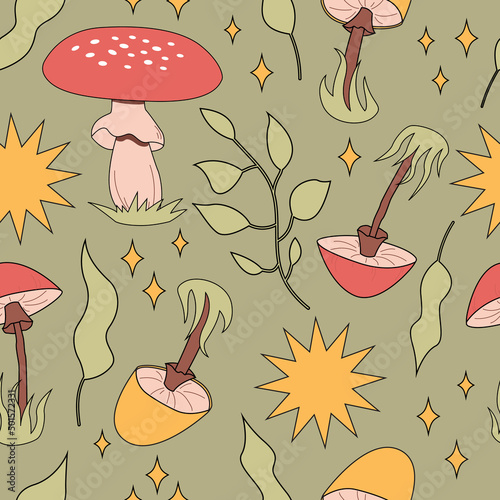 Seamless pattern magic hallucinogenic mushrooms. Fantasy cute elements. Cute cartoon mushrooms on the grass. Modern design print for cloth, wallpaper, decor interior. Hippie style. Vector flat.
