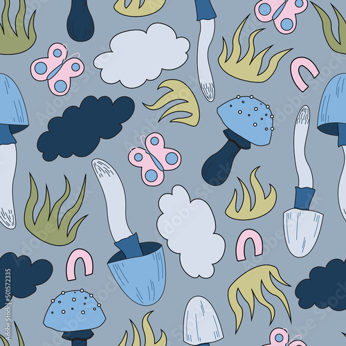 Seamless pattern magic hallucinogenic mushrooms. Fantasy cute elements. Cute cartoon mushrooms on the grass. Modern design print for cloth, wallpaper, decor interior. Hippie style. Vector flat.