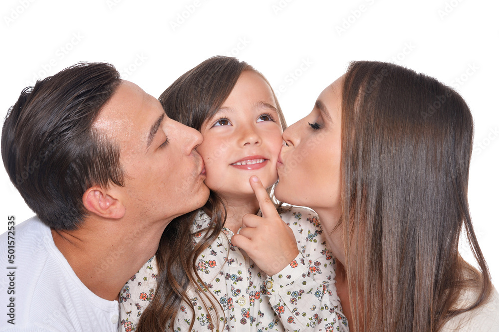 Happy family of three on white background Happy family of three on white background