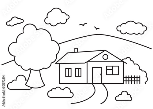 Line art landscape, village house, trees, plants, clouds and birds. Stroke, outline drawn illustration. Farm, agricultural landscape. Summer time, nature illustration. 