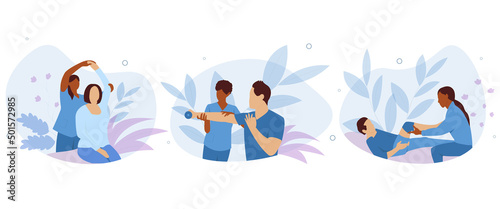 Patients lying in hospital with nurse or medical doctor visiting. Injury rehabilitation. Recovery exercise. Set of vector illustrations