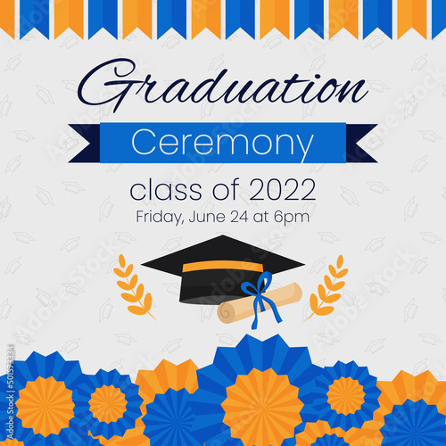 High school graduation ceremony and party invitation template. Greeting card concept for social media. Graduation cap with diploma and blue decoration. Vector illustration