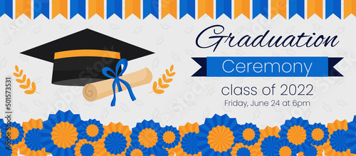 High school graduation ceremony and party invitation template. Greeting card concept for social media. Graduation cap with diploma and blue decoration. Vector illustration banner