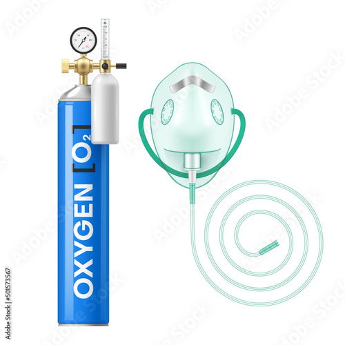 Realistic oxygen cylinder tank with mask vector illustration. Compressed liquid pure gas tube