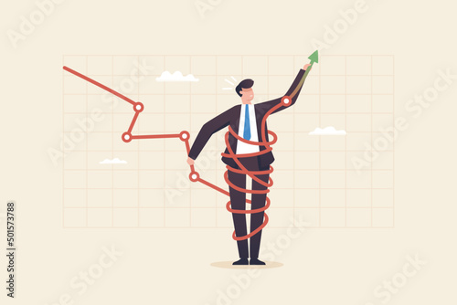 Financial Volatility, financial crisis, Falling Red Arrow Chart. The business man was wrapped his body tightly by the red arrow that fall down from the chart of stock market.