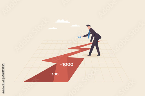 Financial volatility data analysis, financial crisis, money loss, risk assessment. Businessman holding a magnifying glass looks at a chart showing the volatile stock market.
