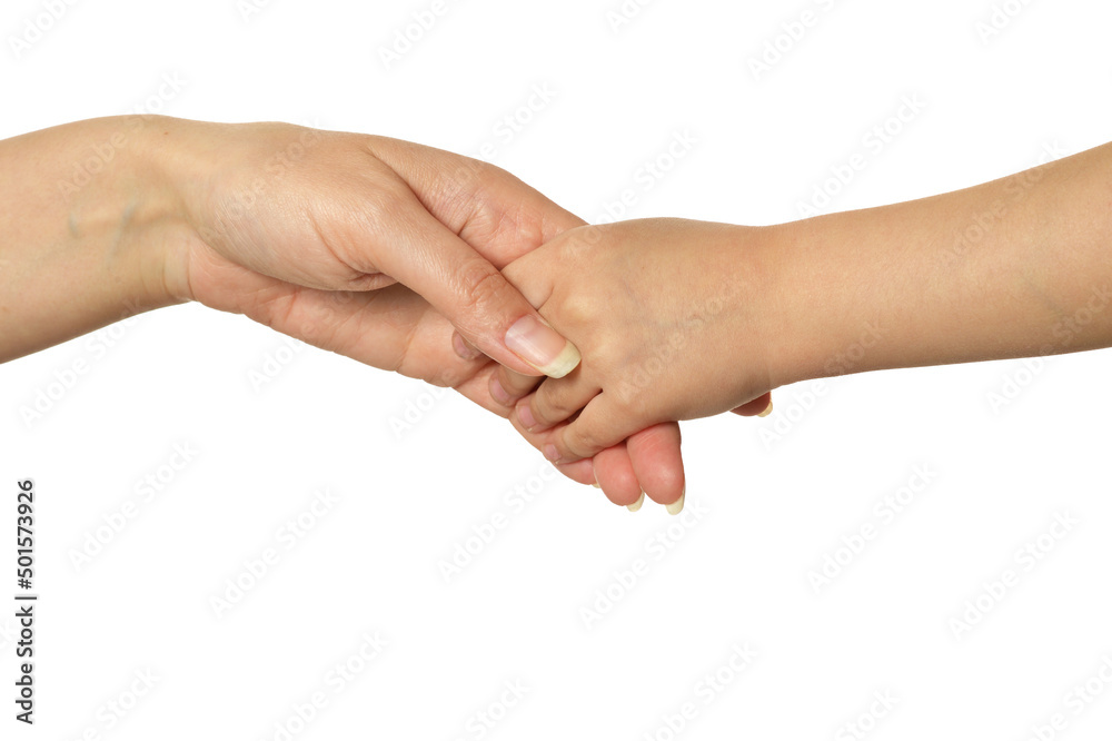 Mother's hands with little girl hands isolated on white background