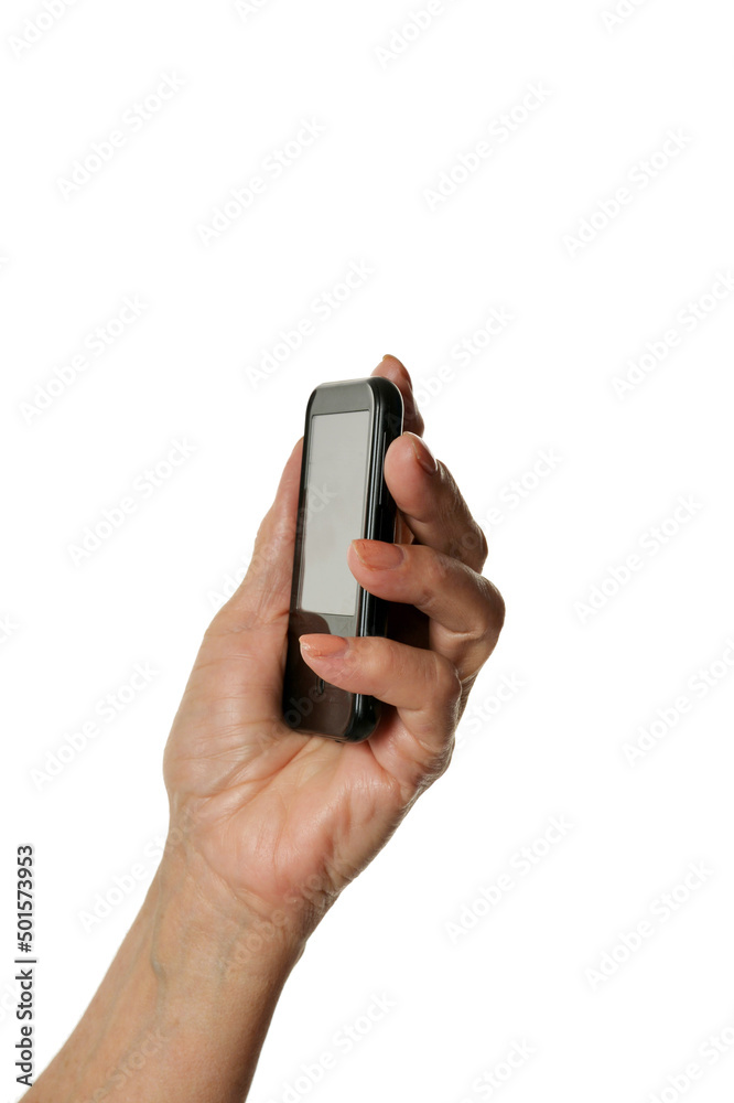 Female hand holding modern smartphone on white background Female hand holding modern smartphone on white background