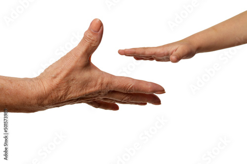 Grandmothers hands with little girl hands isolated on white background