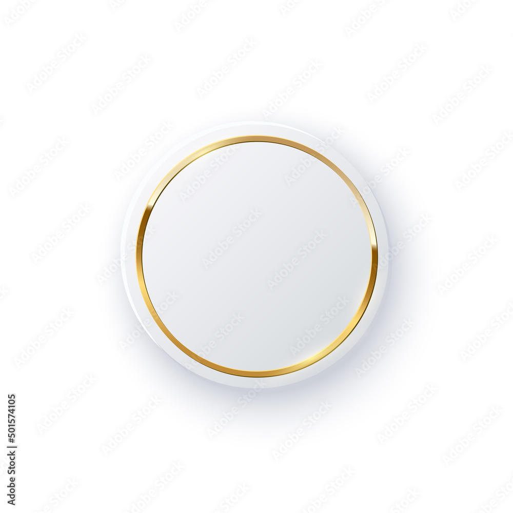 Round button with gold circle frame and shiny light effect, 3d simple badge with shadow Round button with gold circle frame and shiny light effect, 3d simple badge with shadow