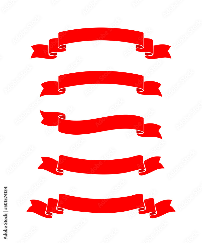 Red ribbons with curved edges set. Decorative festive banners vector collettion isolated on white background.