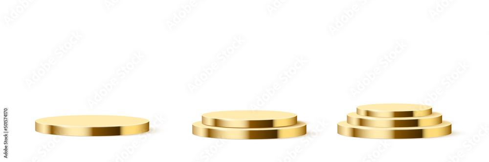 3d circle podium set for product presentation, gold platforms with one, two and three steps