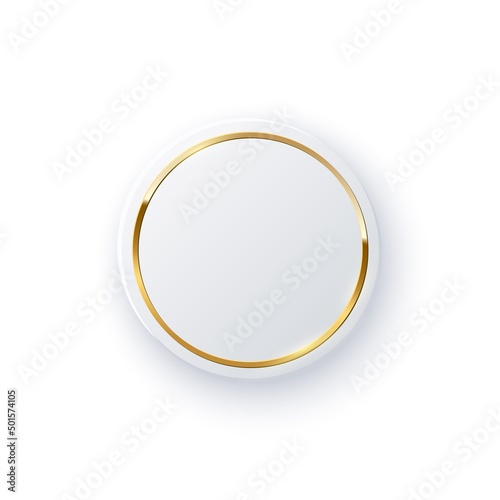 Round button with gold circle frame and shiny light effect, 3d simple badge with shadow