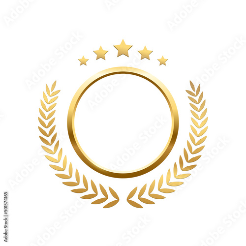 Gold round frame, stars and circular wreath from olive leaf, 3d golden anniversary medal