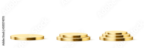 3d circle podium set for product presentation, gold platforms with one, two and three steps