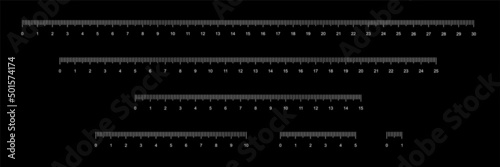 Set of rulers to measure length in centimeters vector illustration. Simple school instrument with centimetre and millimeter scales for measurement 30 25 15 10 5 1 cm, collection for math background.