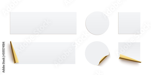 White glued square, circle and rectangle stickers with gold curling edges. 3d blank paper labels vector illustration. Badges with twisted edges on white background