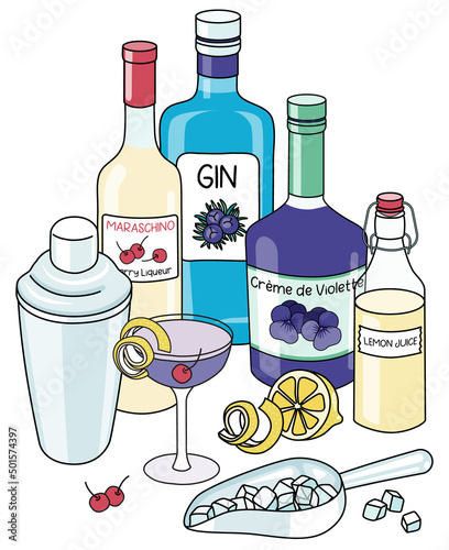 Doodle cartoon Aviation cocktail and ingredients composition. A bottle of gin and creme de violette liqueur, sugar syrup, lemon and shaker. For bar menu, stickers or alcohol cook book recipe.