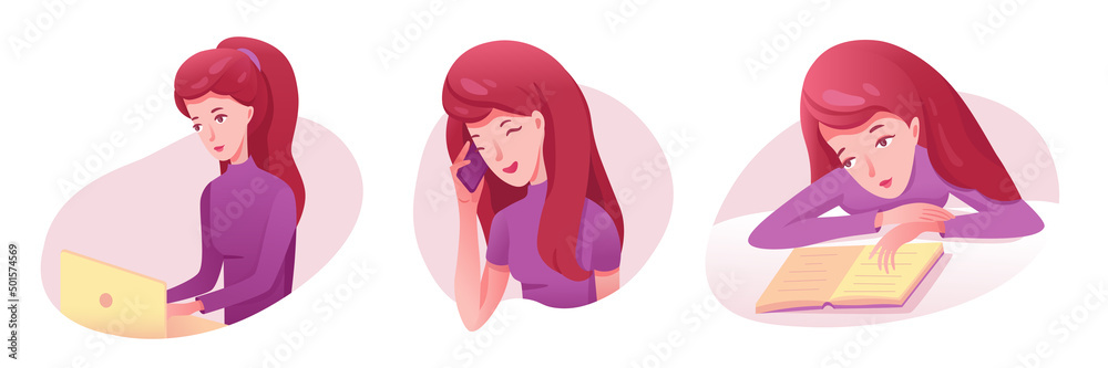 Young woman at work and study set, girl sitting with laptop, reading book, holding phone Young woman at work and study set, girl sitting with laptop, reading book, holding phone