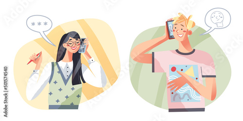 People call on mobile phone and smile set vector illustration. Cartoon freelancer man and woman character talking about business work, hipster guy holding cellphone, girl highschool student smiling.