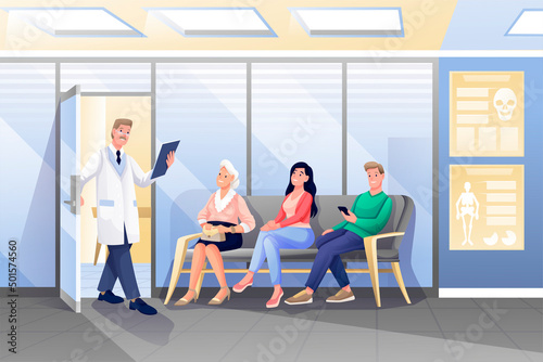 Doctor invites patient to enter medical office. Scene in hospital, clinic. Therapist waits visitors for medical appointment, consultation. Medicine, healthcare concept. Vector character illustration.