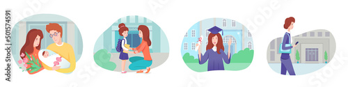 Important life scenes of woman set, couple holding newborn baby, graduate with diploma