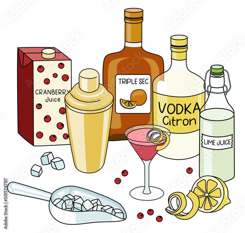 Doodle cartoon Cosmopolitan cocktail and ingredients composition. A bottle of Vodka Citron and Triple Sec liqueur, lime juice, lemon and cranberry juice. For bar menu or alcohol cook book recipe