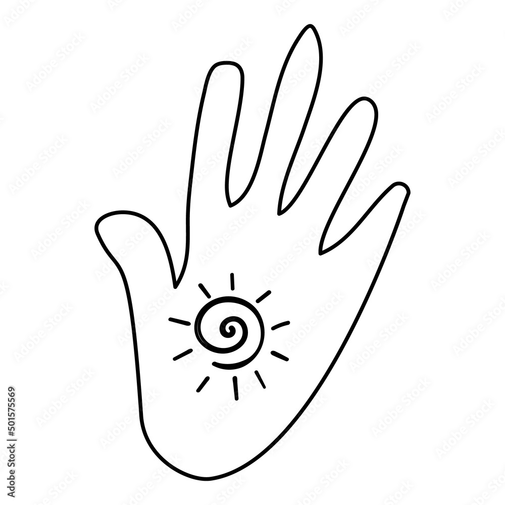 Fototapeta premium African hand. Open palm with pattern sun. Vector cartoon illustration page or book for kids and adults
