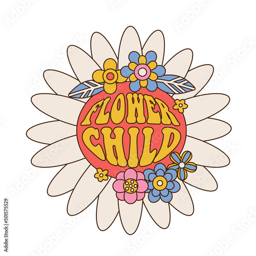 Flower child - Seventies retro flower power lettering slogan with hippie groovy flowers in circle print in shape of big daisy for girl tee t shirt and sticker. Vevrabt linear Vector illustration.