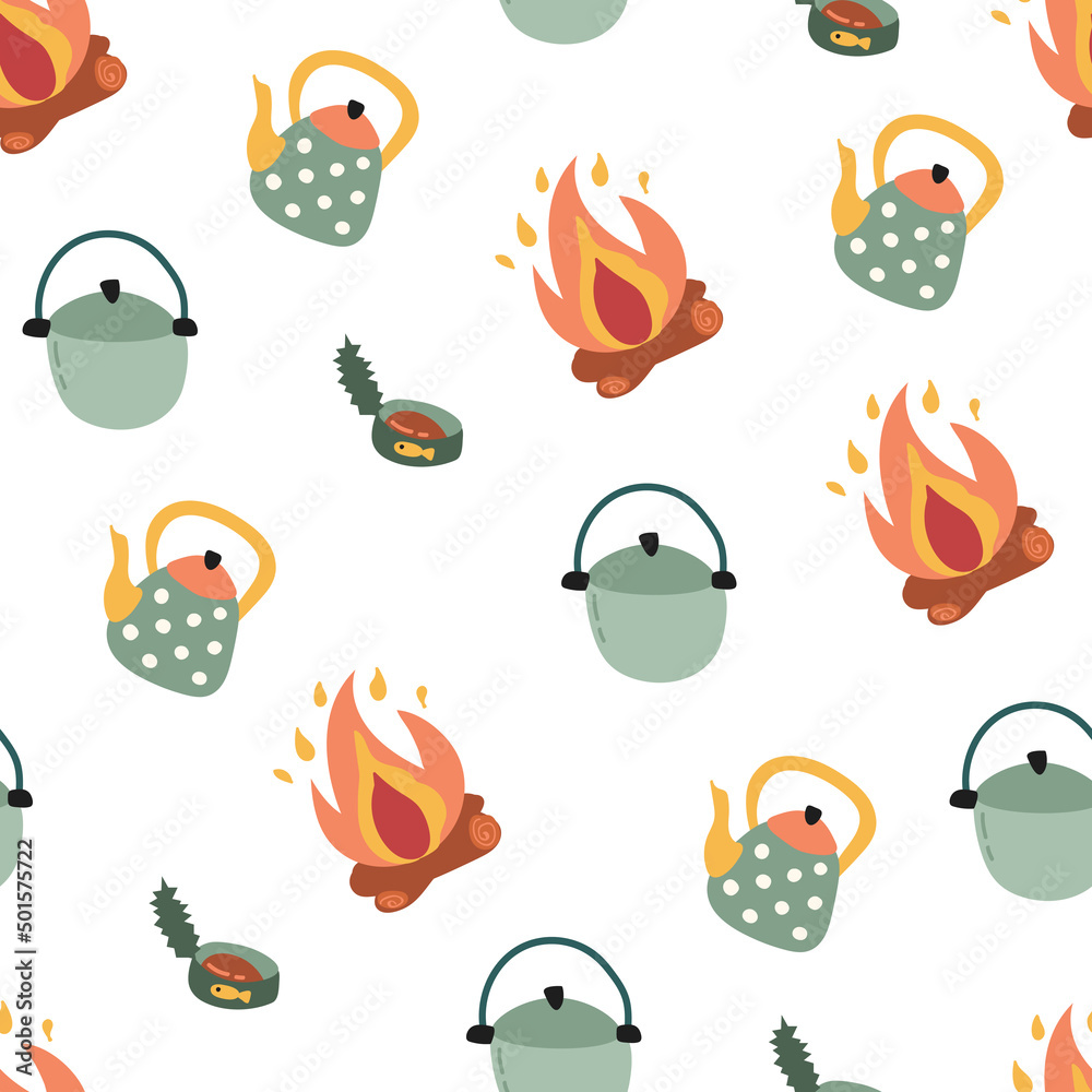 Seamless pattern with camping elements. Design for fabric, textile, wallpaper packaging.