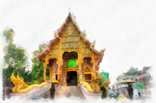 Architectural landscape of ancient temples in northern Thailand watercolor style illustration impressionist painting.