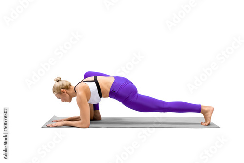 Yoga, advanced level. Attractive fit woman practice lizard pose, Utthan Prishthasana, isolated on white.