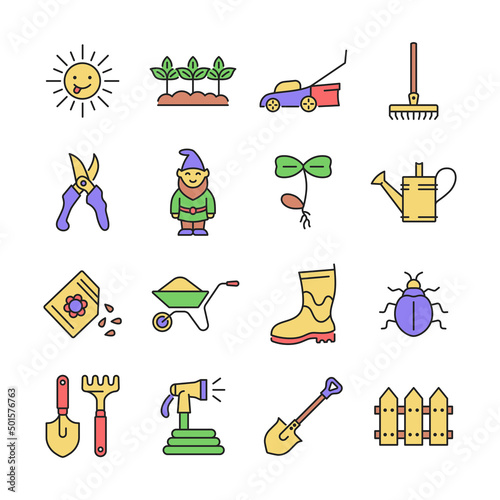 Gardening line icon set. Vector collection with seedling, garden gnome, seeds, bug, garden hose, sun, fence, sprout. Color sign.