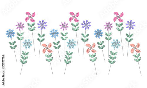 Botanical backdrop frame vector illustration. Ethnic style flat geometric flowers with contour leaves border isolated on white. Floral design for print, background, banner or card.
