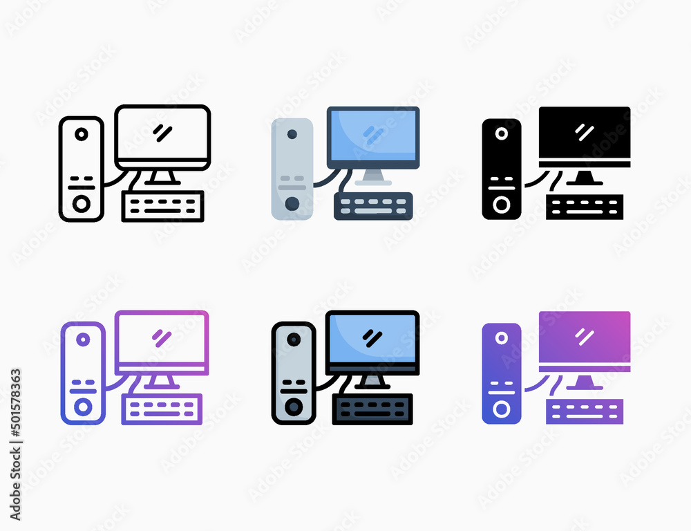 Web station computer desktop icon set with style line, outline, flat, glyph, color, gradient. Editable stroke and pixel perfect. Can be used for digital product, presentation, print design and more.