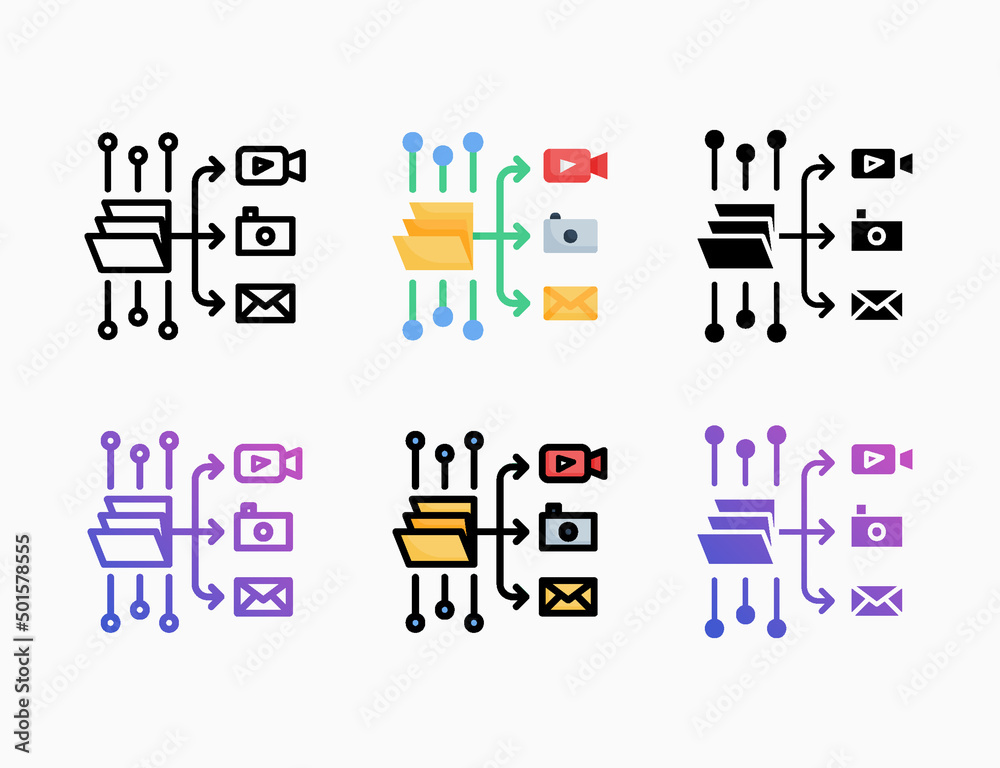 Data management icon set with style line, outline, flat, glyph, color, gradient. Editable stroke and pixel perfect. Can be used for digital product, presentation, print design and more.