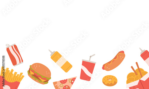 Modern Fast food frame for menu design.Fries,burger,soda,beverage, hotdog, noodles, donut,ketchup, pizza and mustard.Colored vector flat illustration.